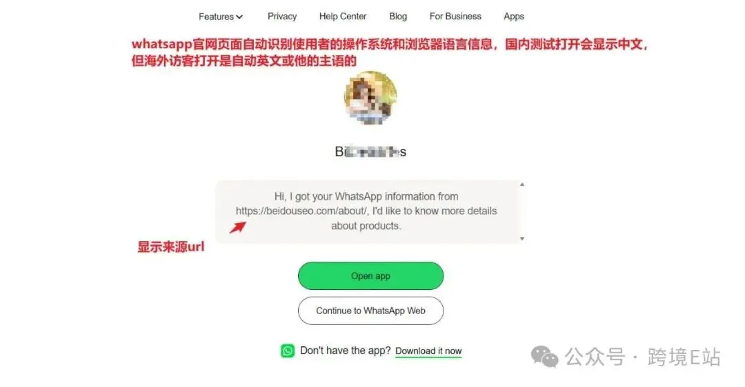 海外访客会自动切换到对应语言的whatsapp界面
