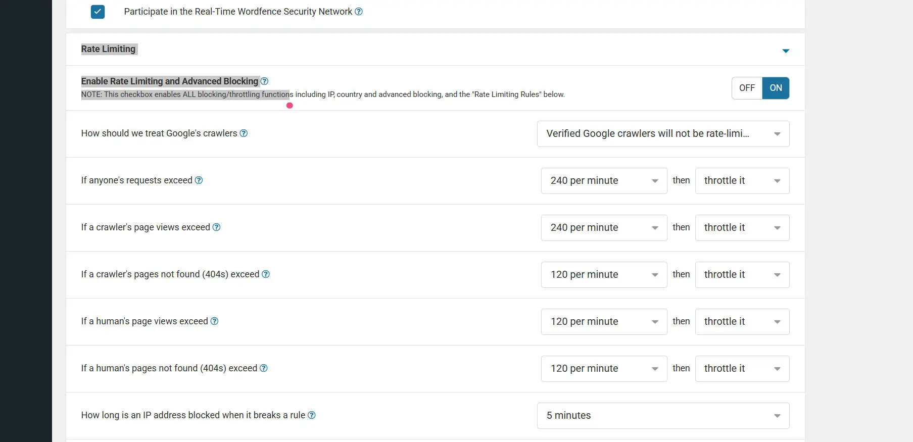 Wordfence rate limit